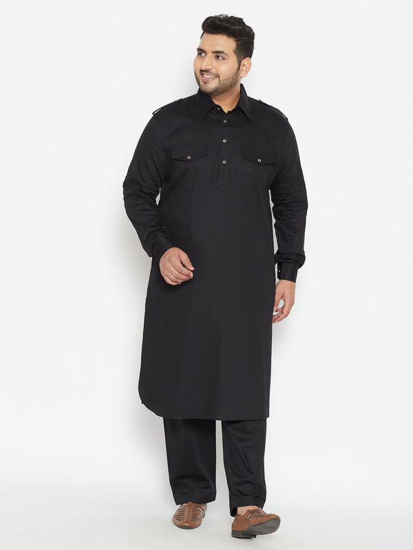 Men's Plus Size Black Cotton Blend Pathani Set